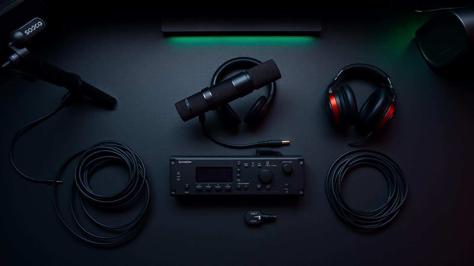 Flat lay of podcast equipment: microphone, audio interface, headphones, and cables on a dark desk