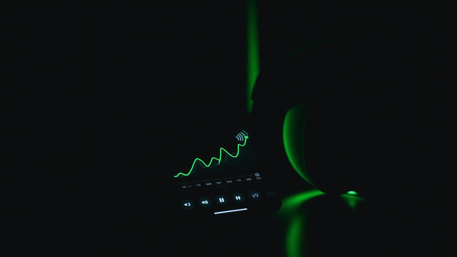 Podcast analytics growth chart glowing green on a smartphone next to studio headphones