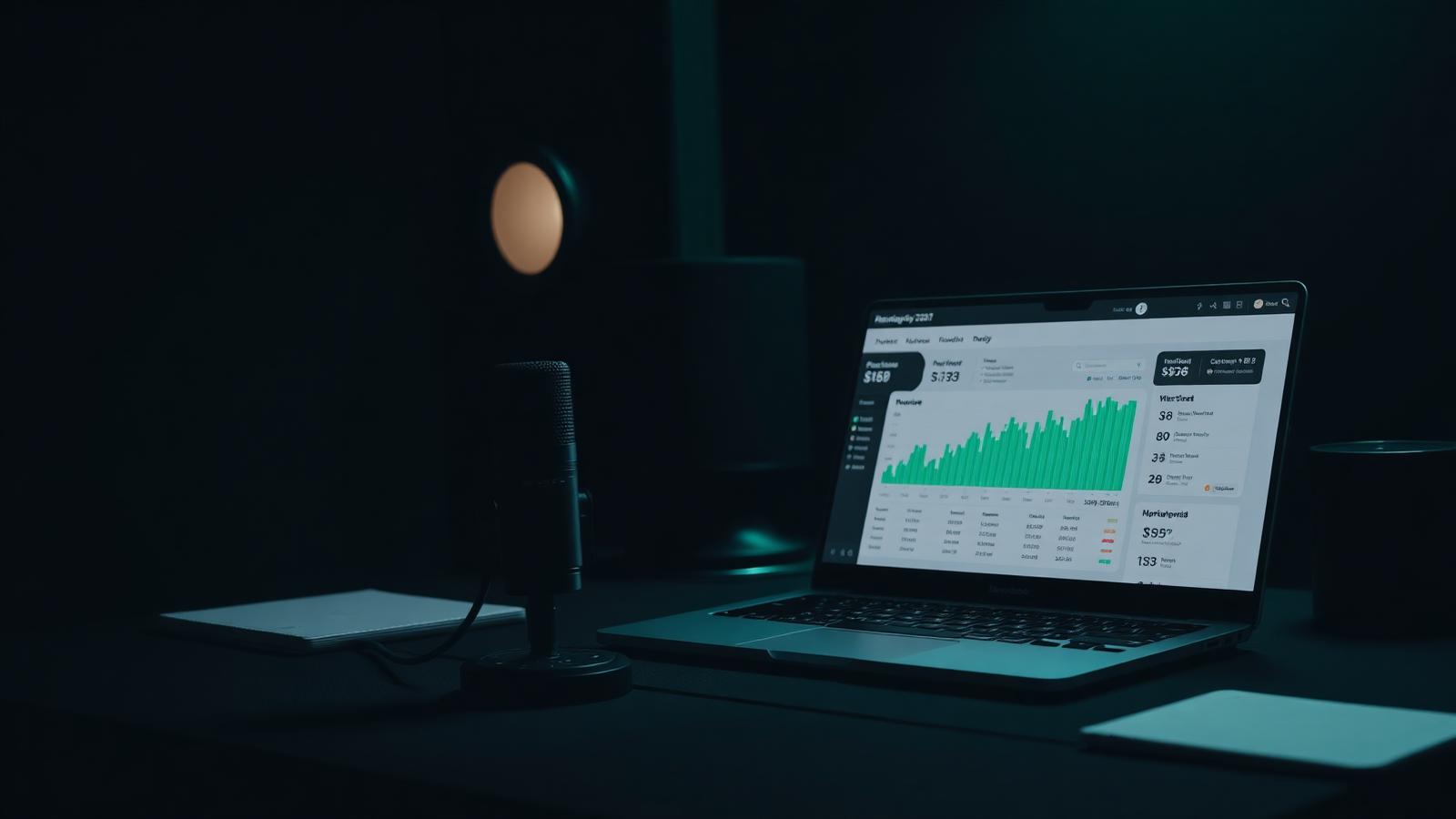 Podcast studio desk with a microphone and a laptop showing a revenue dashboard