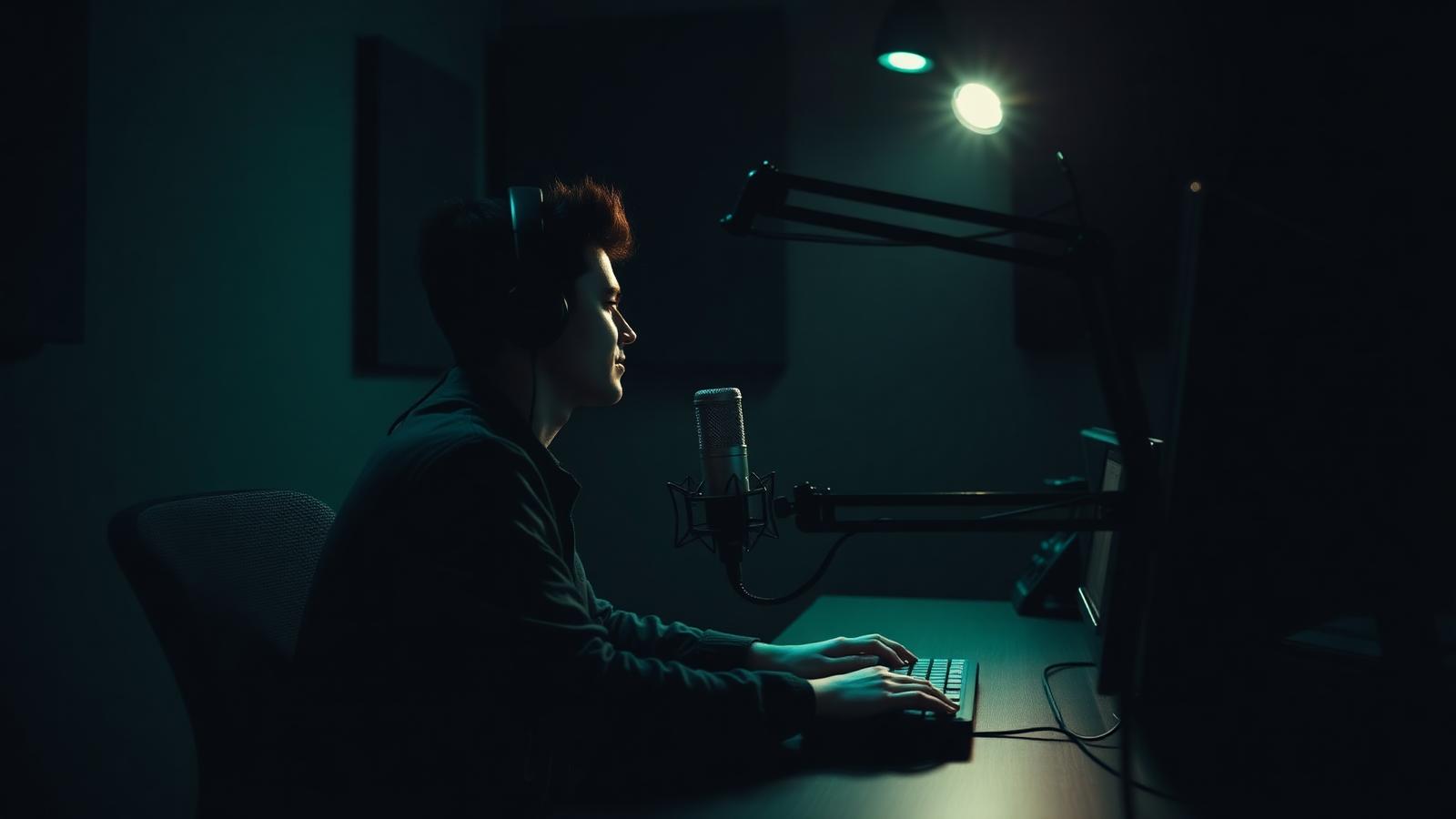 Podcaster recording a first episode at a desk with a studio microphone in a dim studio