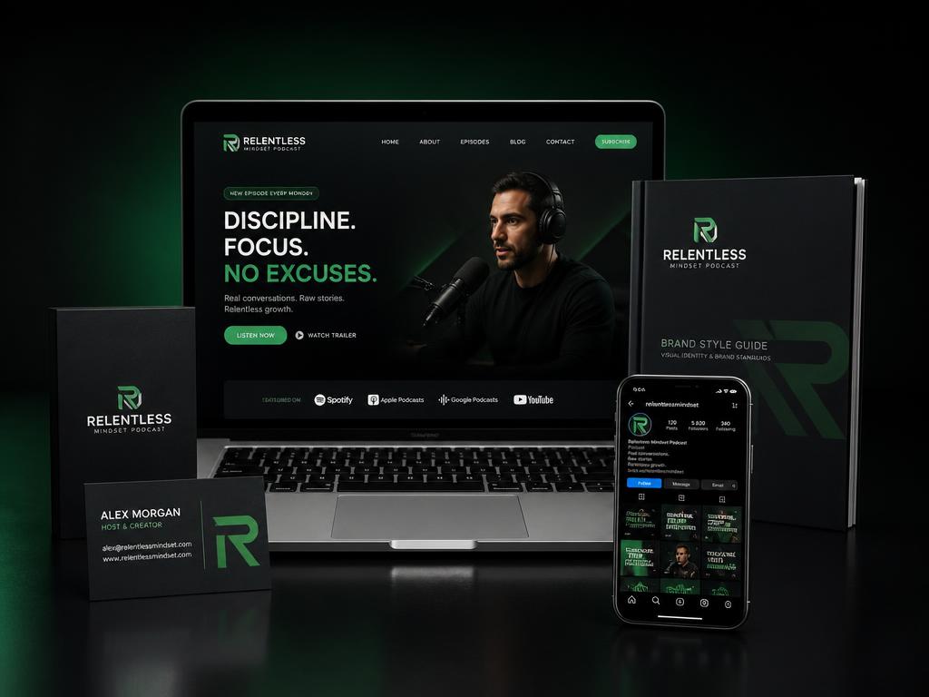 Custom podcast branding, website, and launch marketing materials