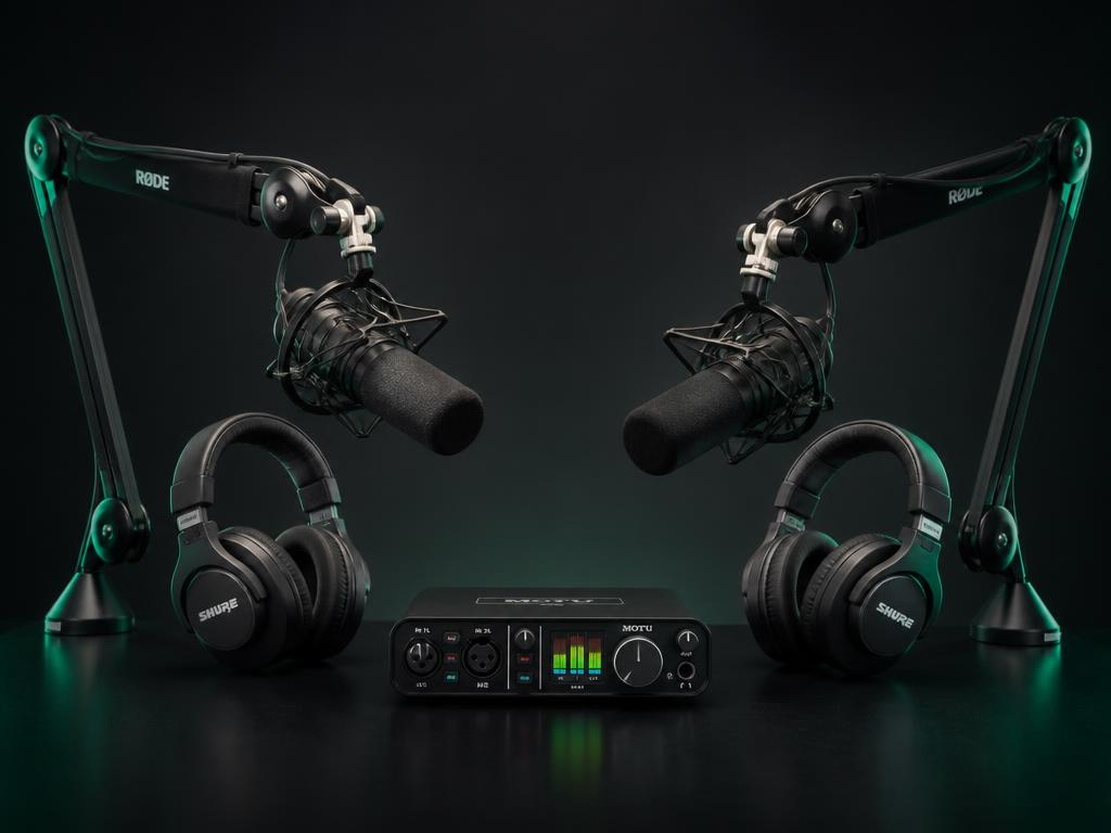 Two-person podcast studio kit with boom microphones and audio interface