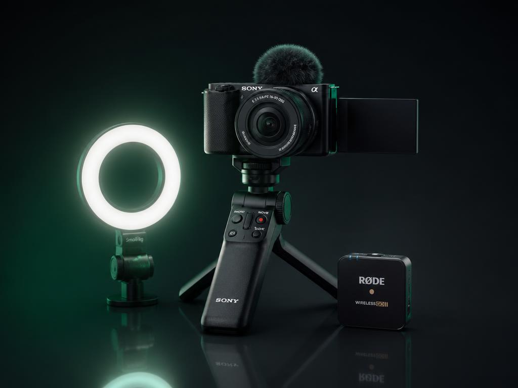 Vlogging kit with camera, ring light, and wireless microphone