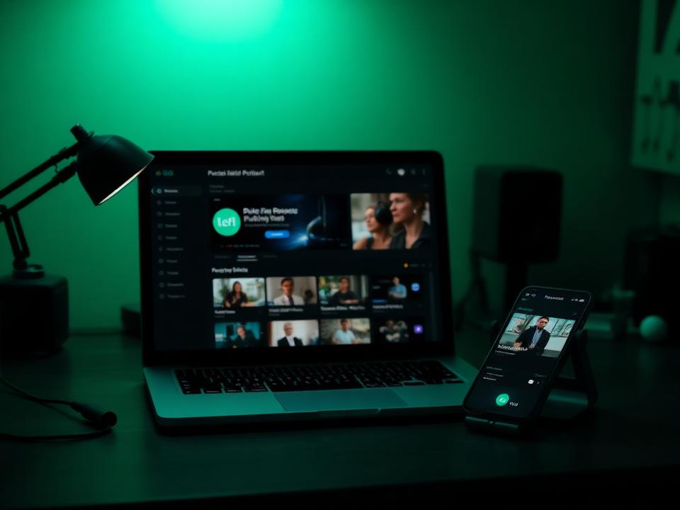 Laptop showing a podcast publishing dashboard next to a phone with clips