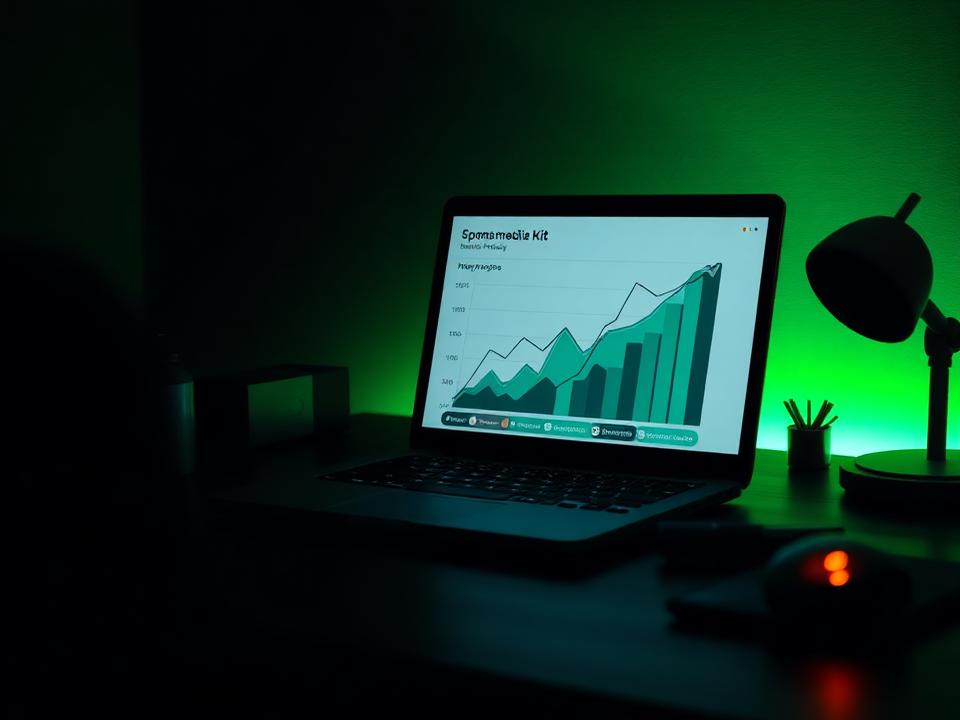Laptop showing a rising podcast revenue chart and sponsorship media kit