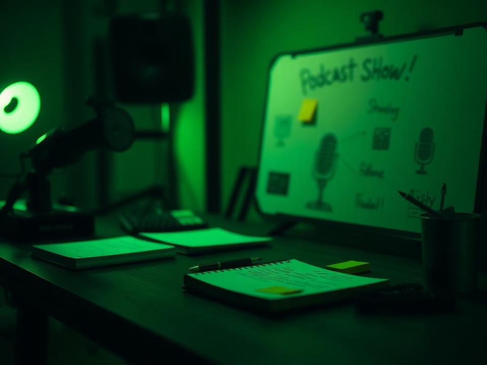 Podcast show concept planning desk with notes and whiteboard