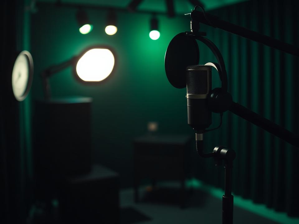 Condenser microphone on a boom arm in a treated home studio